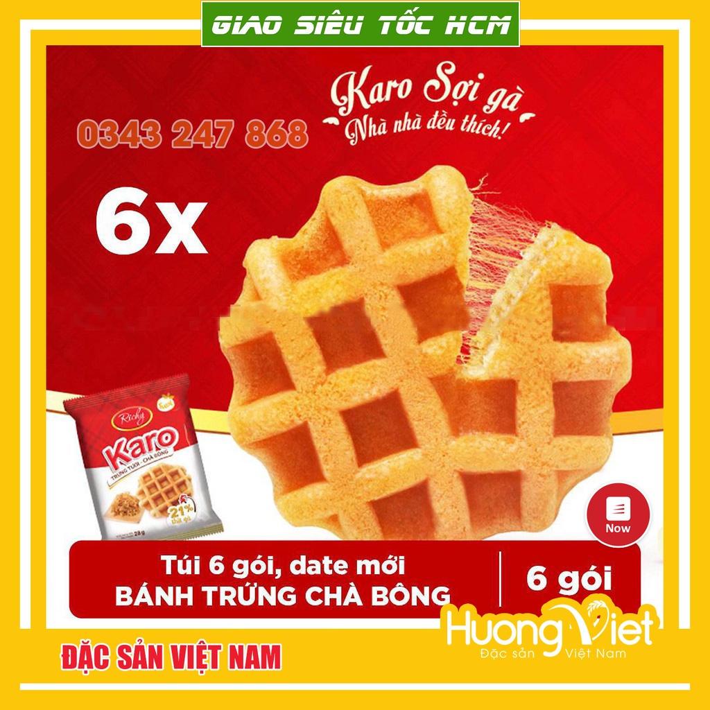 Bánh Karo Richy trứng tươi chà bông sợi gà túi 156g (6 gói x 26g) Date mới, bánh trứng tươi karo mềm ngon, bánh caro