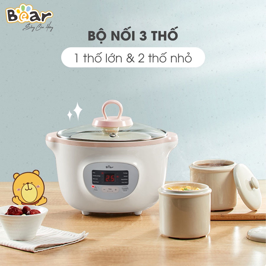 Combo Nồi Nấu Chậm 1,6L Bear SUBE002 + Máy Xay Ăn Dặm 0,3L Bear B03V2 nấu cháo, chưng yến tiện dụng