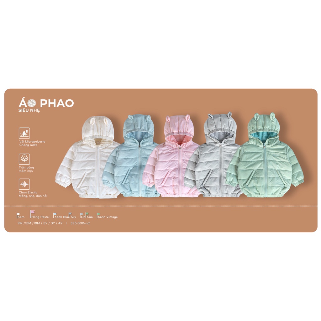 Áo phao cho bé siêu nhẹ có mũ tai gấu trẻ em siêu mềm HRNEE