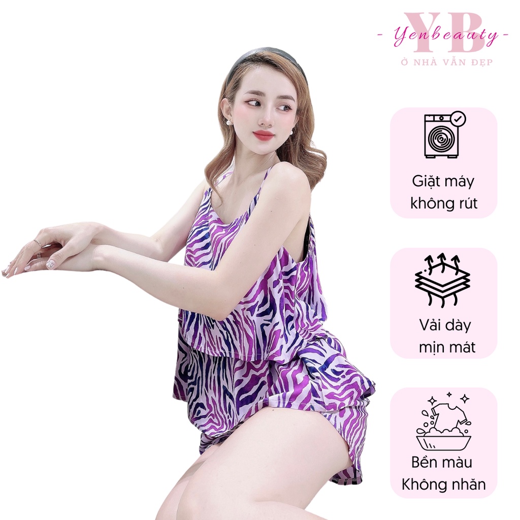 Đồ Mặc Nhà, Bộ Ngủ Nữ Đùi, Áo Dây 2 Tầng Sexy Họa Tiết Dễ Thương Chất Tole Lanh Mát, Mịn, Không Nhăn, YENBEAUTY MN11000