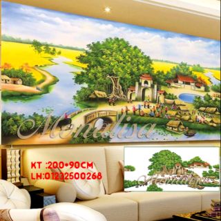 Tranh đính đá làng quê yên bình tuyệt đẹp kt 200*90cm