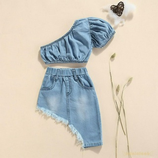 Set áo denim trễ vai ngắn tay + chân váy lệch tà thời trang cho bé gái 6