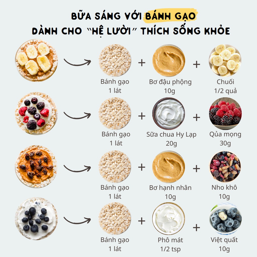 COMBO BÁNH GẠO LỨT NGUYÊN HẠT (Bánh gạo lứt huyết rồng 170g, bánh gạo lứt yến mạch 170g, bánh gạo lứt tím than 170g)