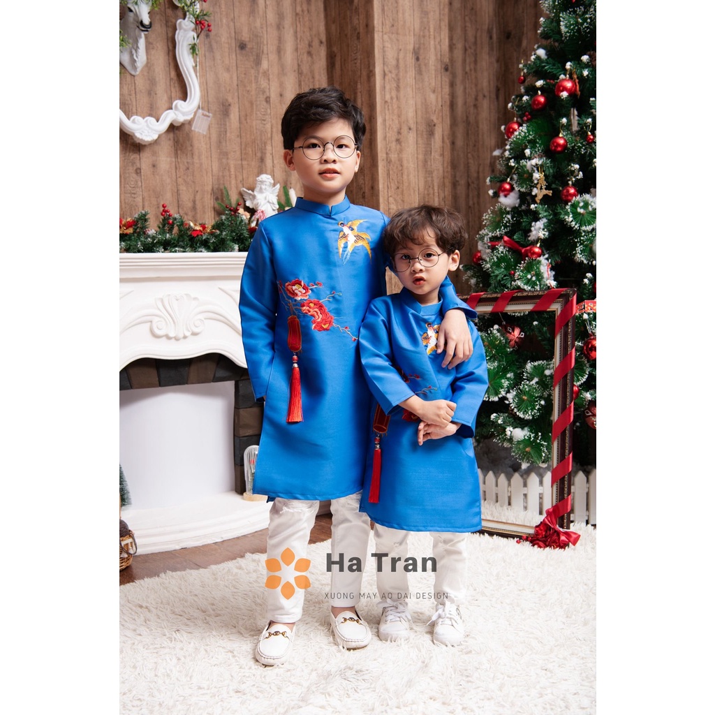 Áo dài bé trai thêu đèn lồng 3 màu đỏ xanh vàng áo dài tết cho bé trai mặc đi chơi chụp ảnh lễ tết