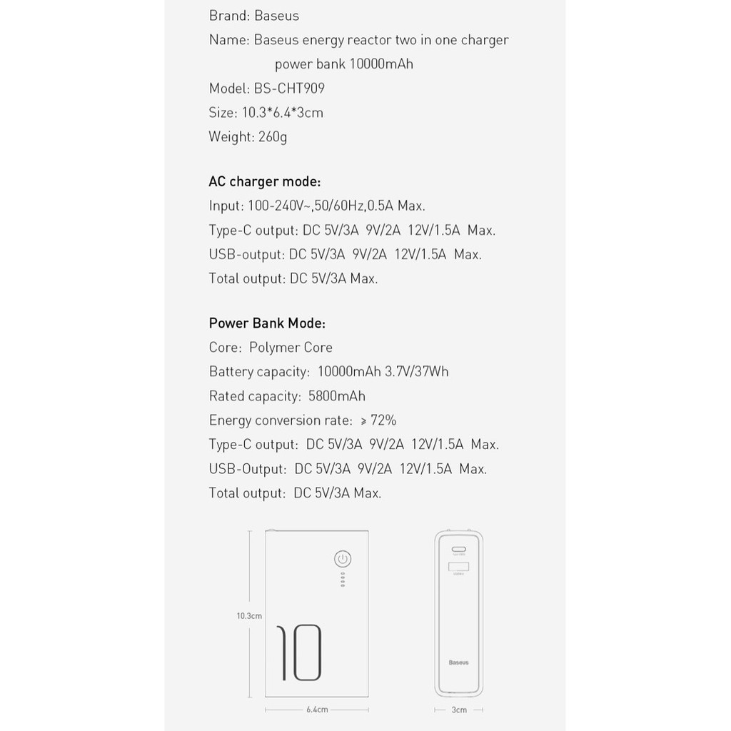 Củ sạc nhanh tích hợp pin dự phòng Baseus Power Station 2in1 10.000mAh PD3.0/ QC3.0 (18W Type-C and USB Double QC...)