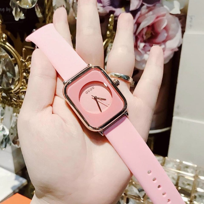 Đồng hồ nữ đeo tay đẹp GUOU cao cấp  thời trang mặt vuông dây cao su chống nước freeship DHN 07 | BigBuy360 - bigbuy360.vn