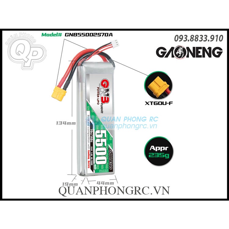Pin GNB 5500mAh 2S 70C 7.4V LiPo Battery XT60 Plug