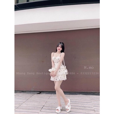 Đầm tiểu thư váy xòe đi tiệc cưới, đầm cúp ngực hoa nhí 2 dây tà xếp tầng thiết kế tinh tế,phong cách bánh bèo nhẹ nhàng