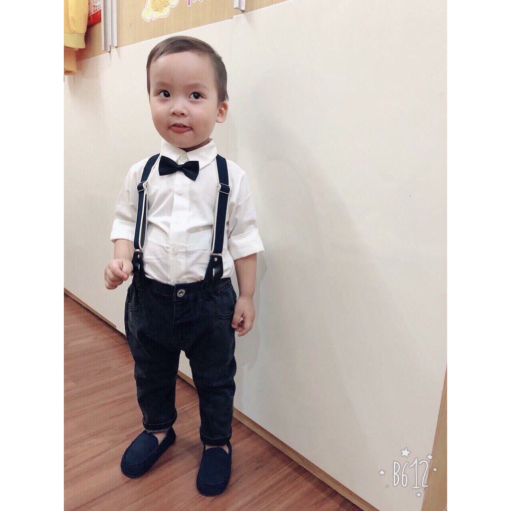 SET 4 chi tiết- áo sơ mi trắng, quần jeans, nơ, đai quần- dành cho bé trai