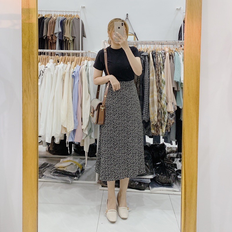 chân váy midi hoa nhí khoá kéo