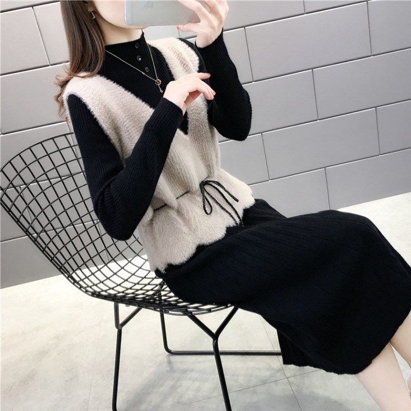 Bộ Váy Len Dài + Áo Gilê Nữ Mùa Đông Chất Len Đẹp Phong Cách Hàn Quốc