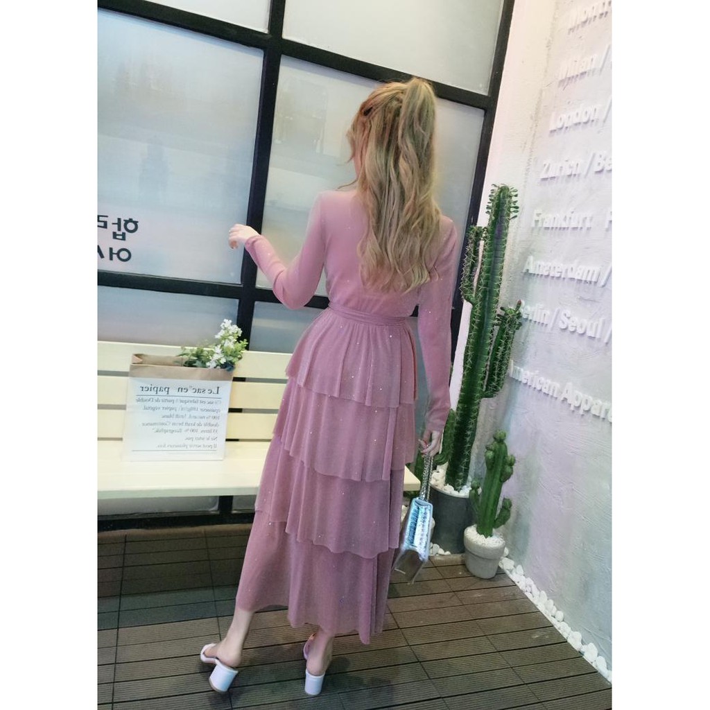 M09 - Đầm tầng Ulzzang cổ V dáng dài kim sa thắt nơ eo