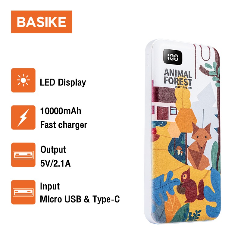 Sạc Dự Phòng Basike-PT13P 10000Mah In Họa Tiết Động Vật Dễ Thương Có Màn Hình Led Kèm Cáp Sạc Tiện Lợi