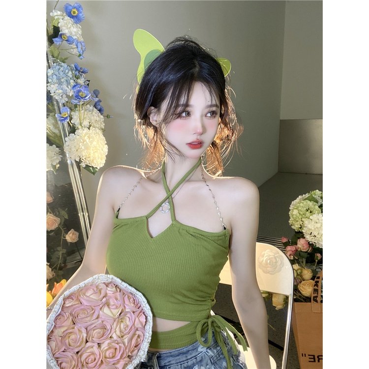 Áo Ống Ngắn Hai Dây Màu Xanh Lá Trơn Thời Trang Hàn Quốc Cho Nữ