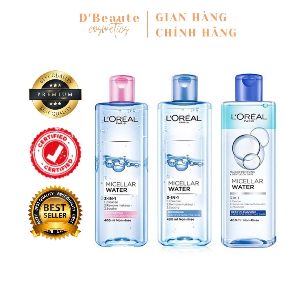 Nước tẩy trang cho mọi loại da L'Oreal Paris 3-in-1 Micellar Water 400ml - Pháp Chính Hãng