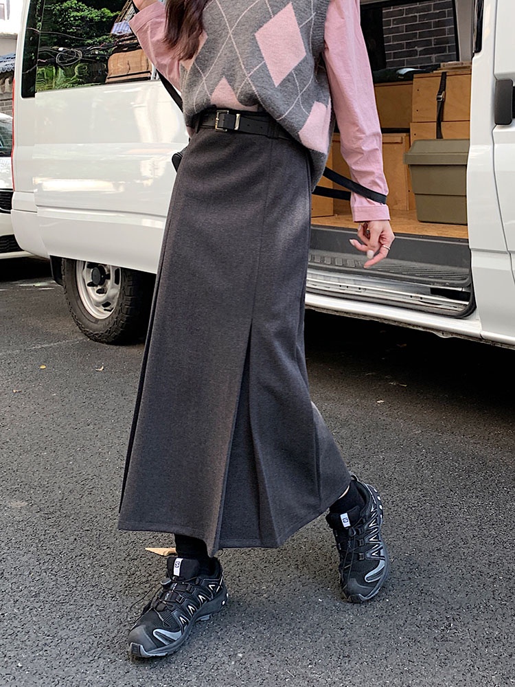 Chân Váy Len Chữ A Lưng Cao Phối Thắt Lưng Phong Cách Thu Đông Mới 58017
