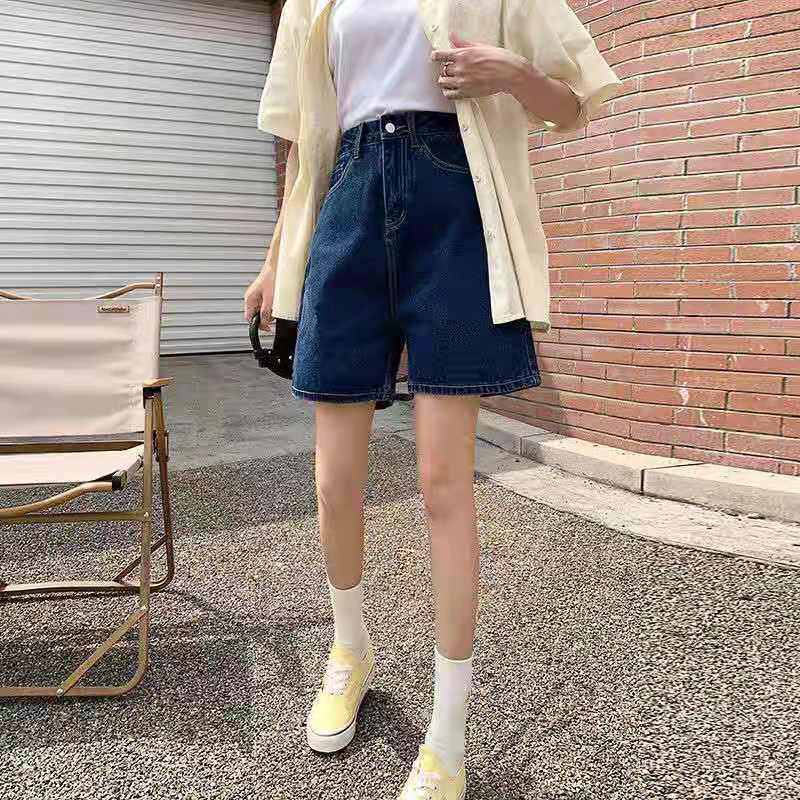 Quần Short denim Lưng Cao Ống Rộng Màu Xanh Dương Đậm Thời Trang Cho Nữ
