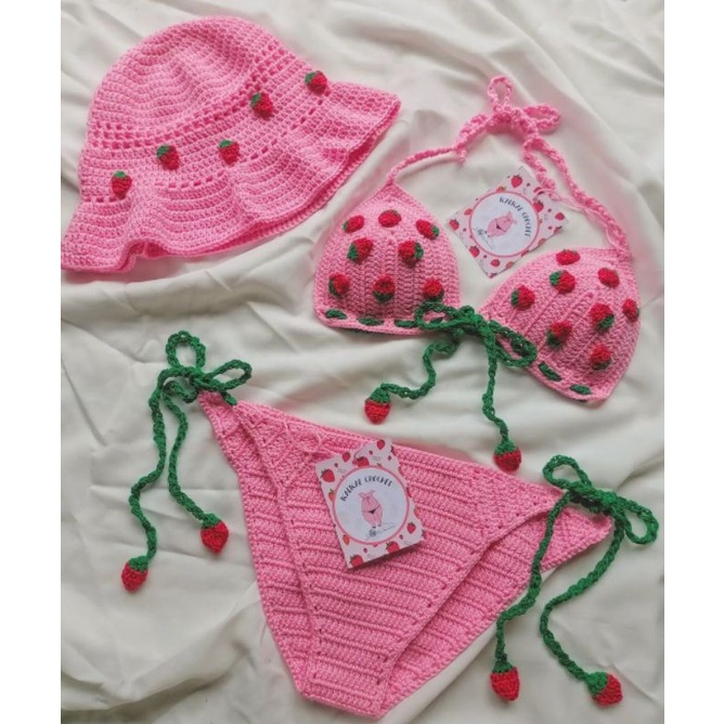 Set bikini + nón sợi móc họa tiết trái dâu 🍓🍓🍓