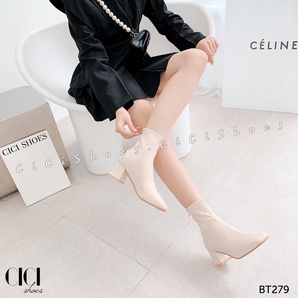 Giày Boot thời trang nữ CiCi Shoes gót vuông 5cm, bốt da lì cổ cao ôm sát - BT279