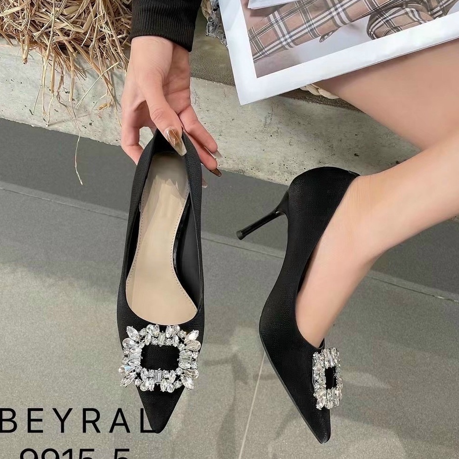 G22 Giày cao gót nữ hoa đá vuông vải lụa cao 7p sang chảnh