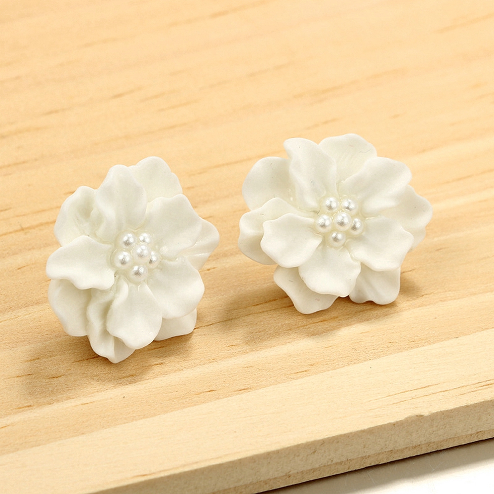 Khuyên tai hình hoa trà trắng đính đá ngọc trai thanh lịch cho nữ