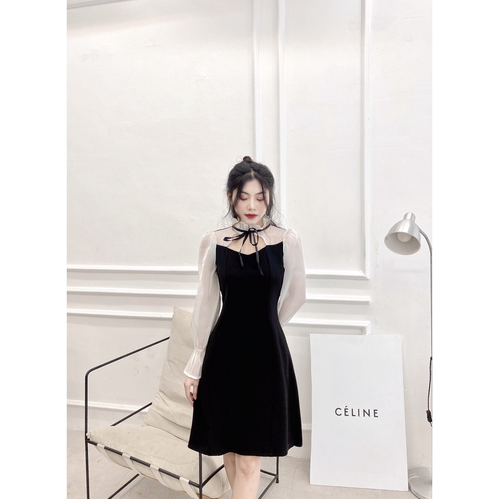 Váy tiểu thư phối cổ nơ tay voan organza Đầm xinh