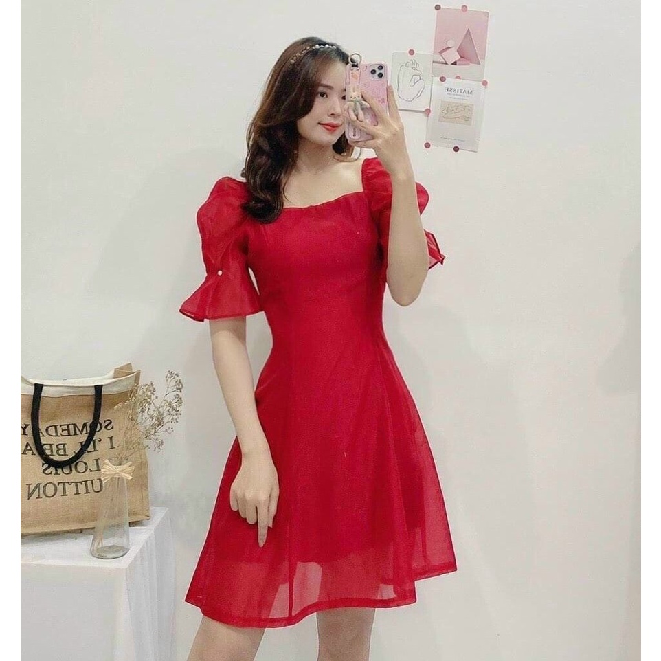 ĐẦM VOAN TƠ TAY NHÚN BỒNG, ĐÍNH NGỌC XINH XẮN, FORM VÁY XÒE CHỮ A NĂNG ĐỘNG, THANH LỊCH, ĐI TIỆC XINH LUNG LINH
