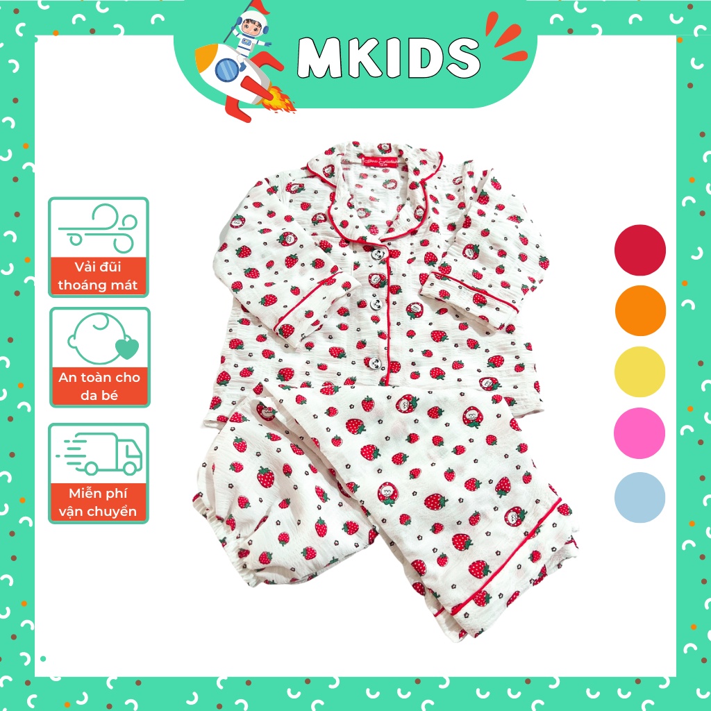 Đồ ngủ pijama cho bé gái 1 tuổi - 5 tuổi nhiều màu, pizama cho bé vải đũi thoáng mát hình trái dâu MKids