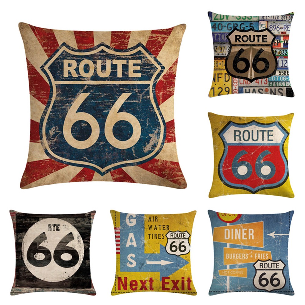 Áo gối/đệm sofa họa tiết Route 66 bằng chất liệu vải lanh trang trí nhà cửa theo phong cách vintage