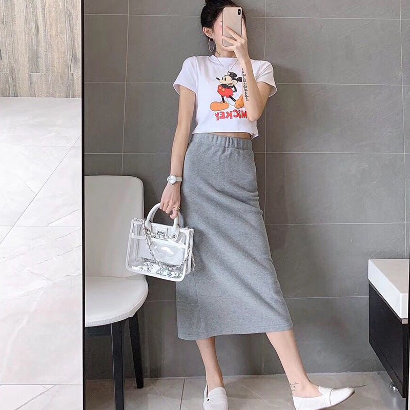Set áo thun tay ngắn &amp; váy midi in hình chuột Mickey