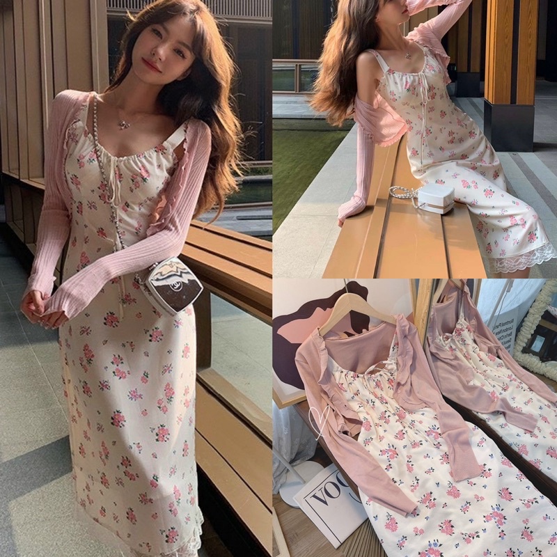 Set váy hoa midi kèm áo khoác tay dài