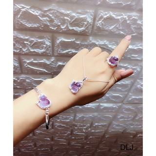 Bộ trang sức bạc mặt hồ ly đủ màu: dây chuyền, mặt, nhẫn, lắc tay