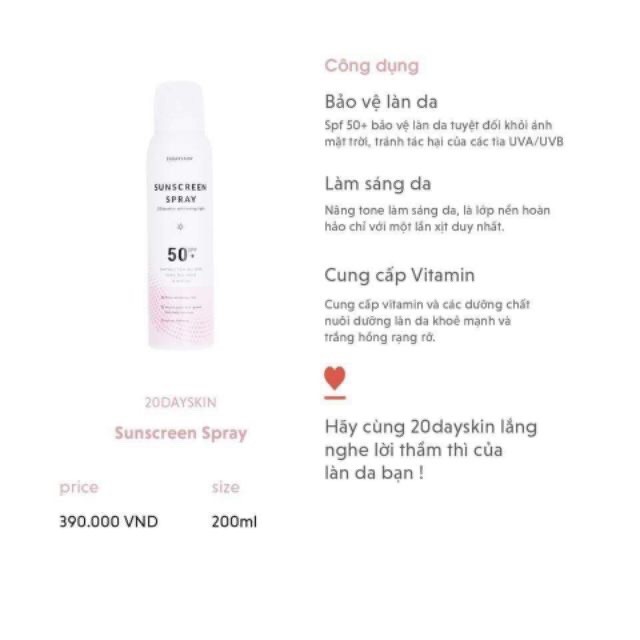 ( chính hãng) xịt chống nắng dưỡng trắng 20dayskin