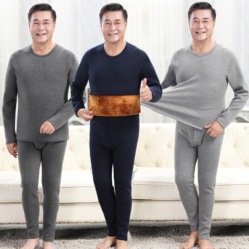 Bộ đồ ngủ mùa đông cho người trung niên và cao tuổi đồ lót giữ nhiệt kích thước lớn co giãn dài tay cộng với nhung dày q