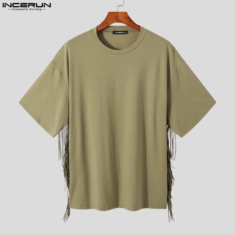 Áo thun tay ngắn INCERUN dáng rộng màu trơn phối tua rua thiết kế thời trang đơn giản cho nam