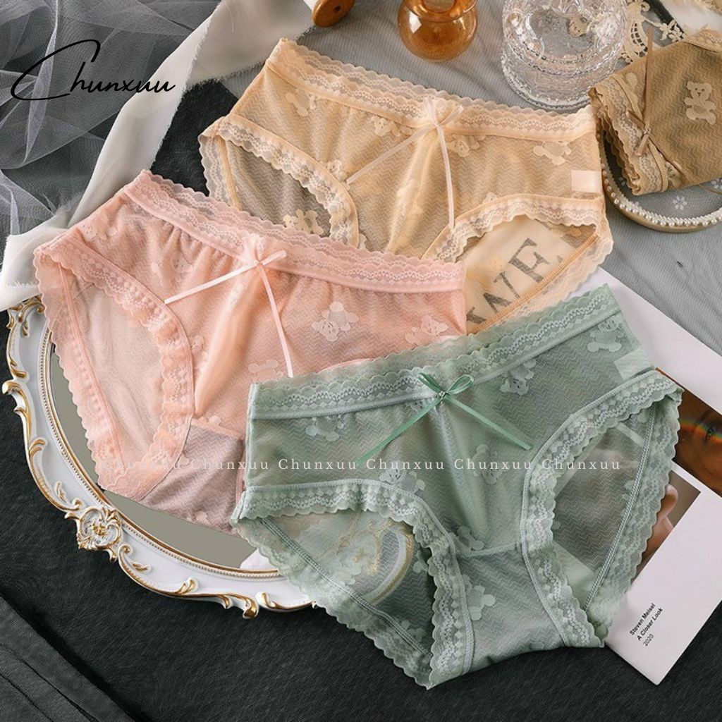 Quần lót ren nữ cao cấp Chunxuu họa tiết gấu chìm phối nơ điệu đà, chất ren mềm mại thông thoáng - QC105