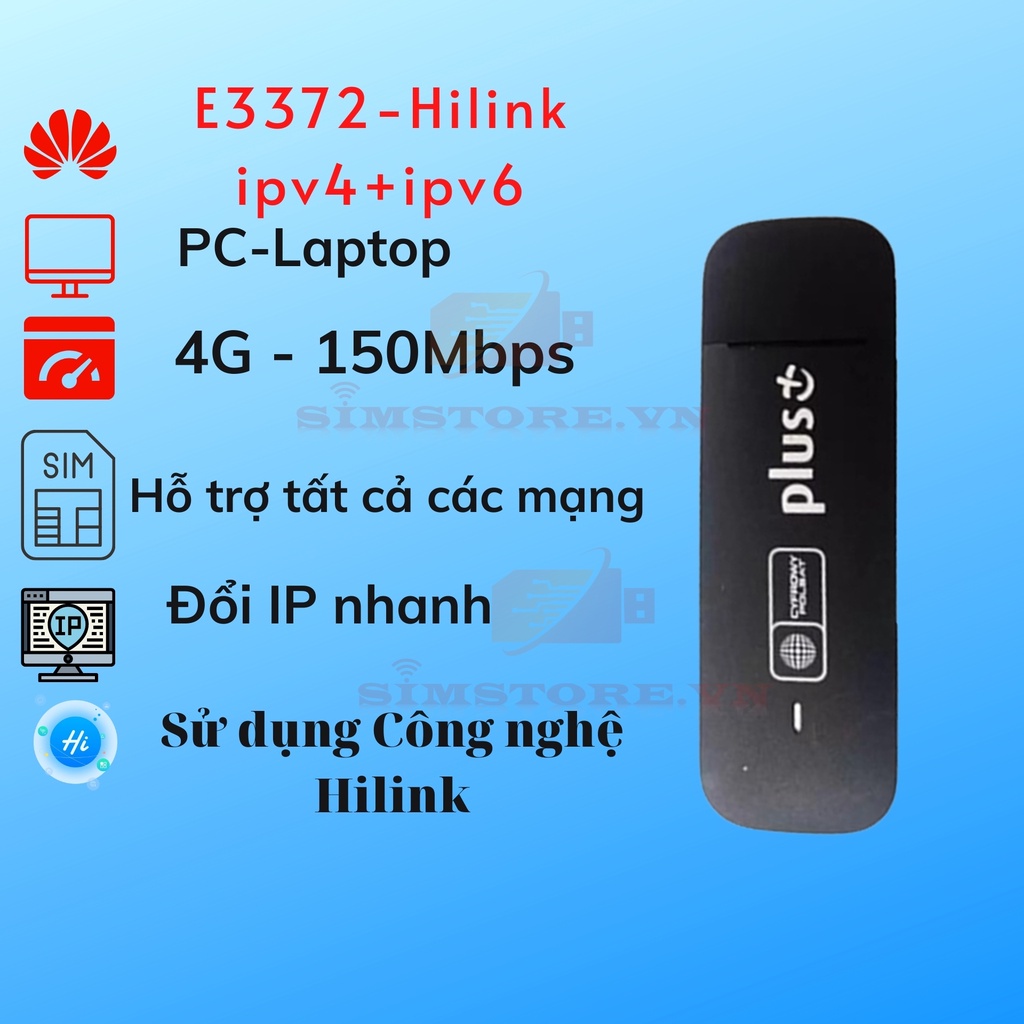 [Mã 159ELSALE hoàn 7% đơn 300K] Dcom 4G E3372 - thay đổi được ip , hỗ trợ IPV6, Dcom 4G ipv6 E3372