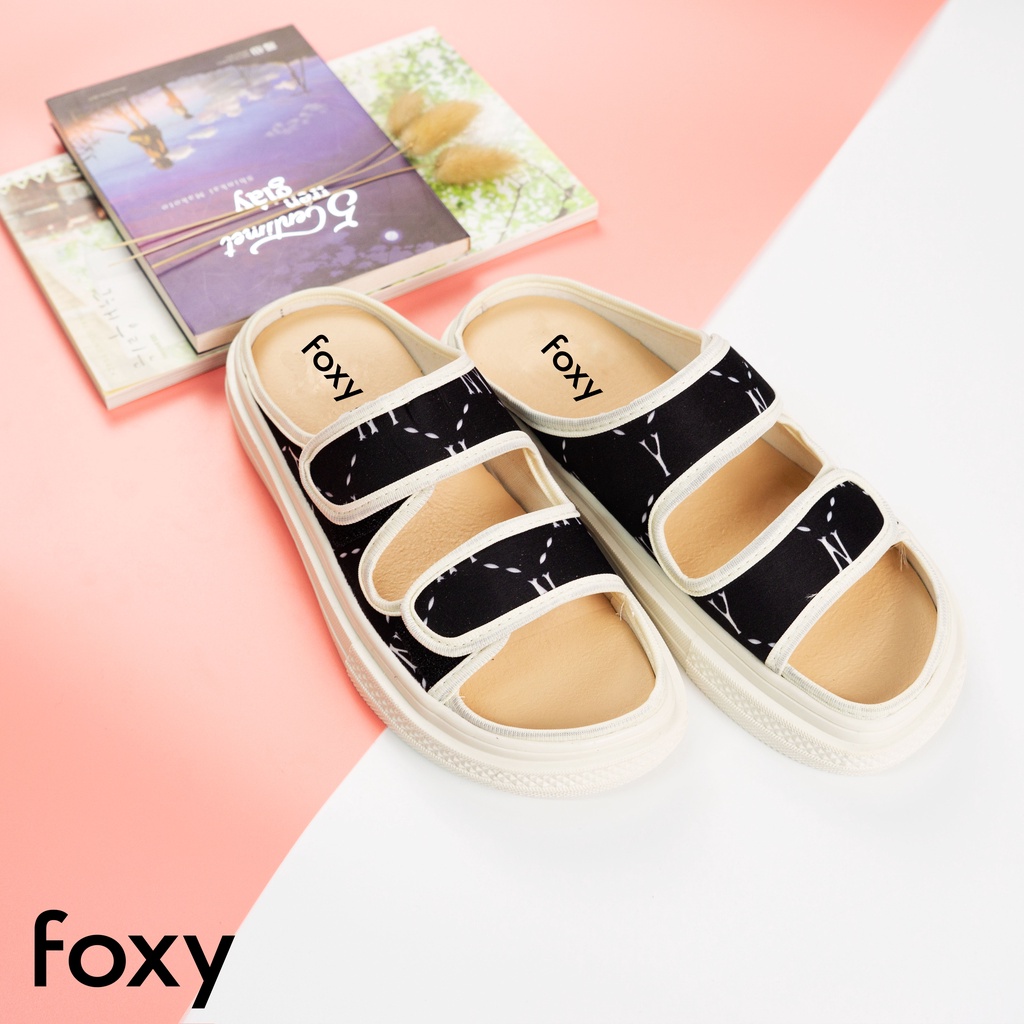 Dép sục nữ thể thao quai dán ngang màu đen hoạ tiết chữ N mẫu mới Foxy - FOM010
