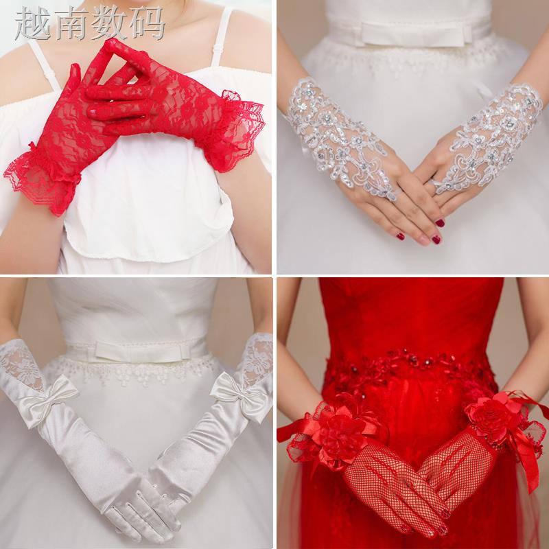 Găng Tay Satin Dài Phối Ren Màu Đỏ / Trắng Cho Cô Dâu