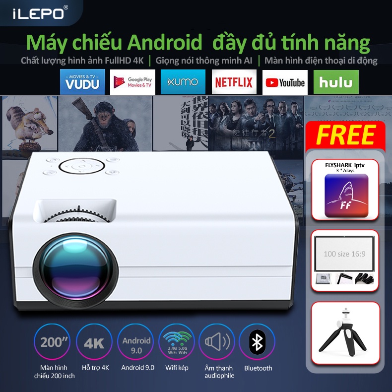 Combo máy chiếu Full HD 1920*1080 hình ảnh 4K sắc nét android 9.0 chất lượng cao bảo hành 1 năm T01A máy chiếu mini