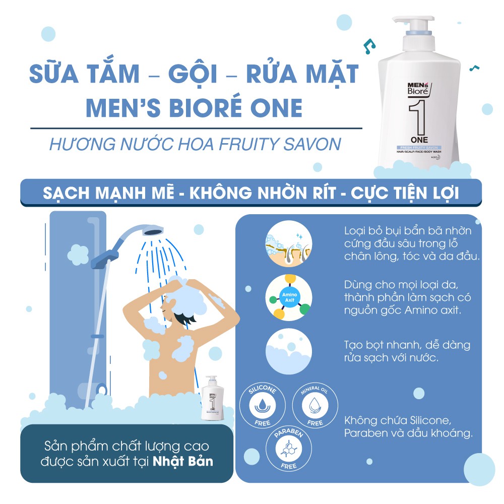 Sữa Tắm Gội Và Rửa Mặt Men's Biore One Fresh Fruity Savon Hương Nước Hoa 480ml