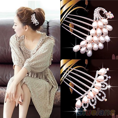 Xước cài tóc cô dâu đuôi công đính đá và ngọc trai nhân tạo sang trọng