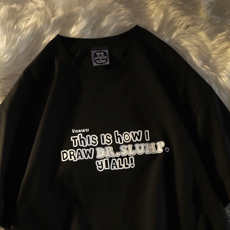 Áo thun cotton tay ngắn dáng rộng in chữ phong cách retro hợp thời trang mùa hè