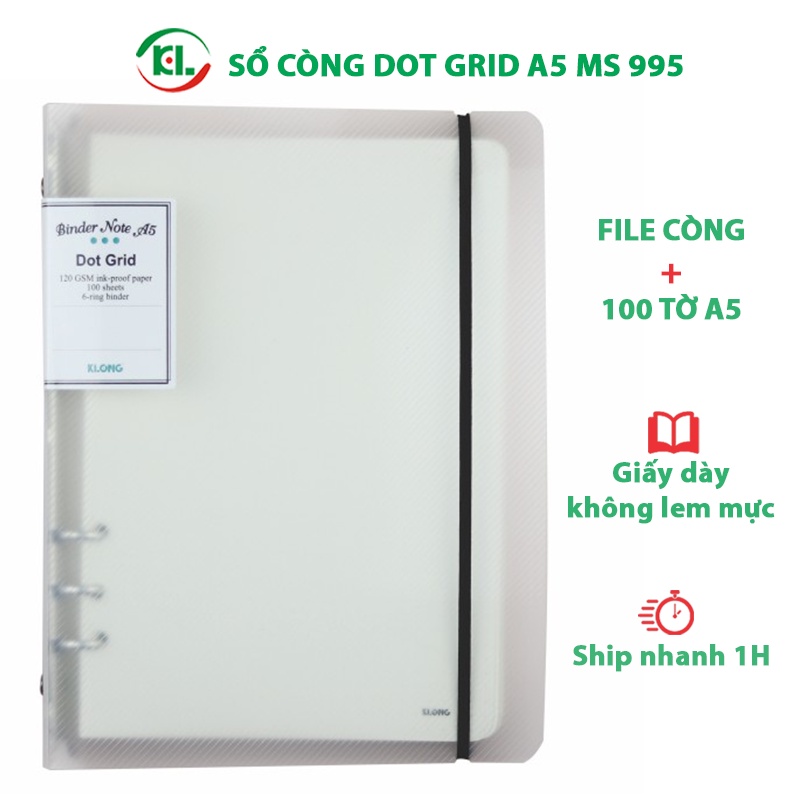 Sổ Klong còng bìa nhựa A5 ruột chấm Dot grid 100 tờ dày dặn KLong-MS995 gồm kẹp còng + ruột sổ