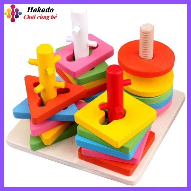 Đồ chơi gỗ Montessori thả hình luồn cọc cho bé phát triển tư duy (4 cọc)