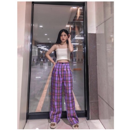 Quần suông kẻ lưng cao  - Quần Cul dáng thụng kẻ ô cúc cảnh | BigBuy360 - bigbuy360.vn