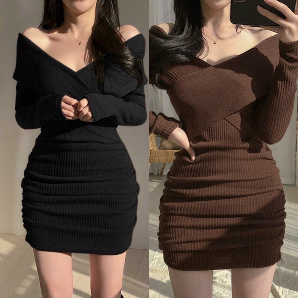 Đầm ôm body thun gân bẹt vai chéo - váy ôm body tay dài