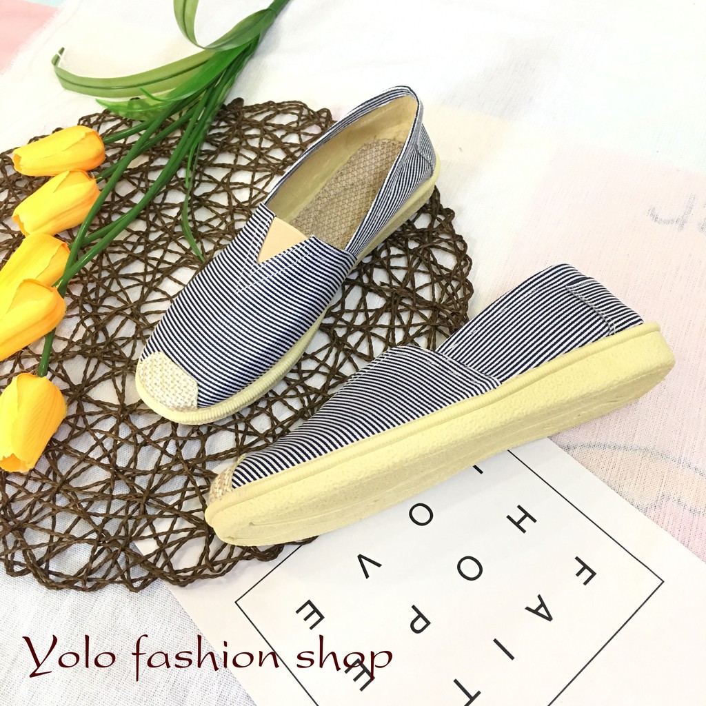 [Hình thật] GL2 Giày lười slip on nữ kẻ ngang bọc cói vintage thời trang