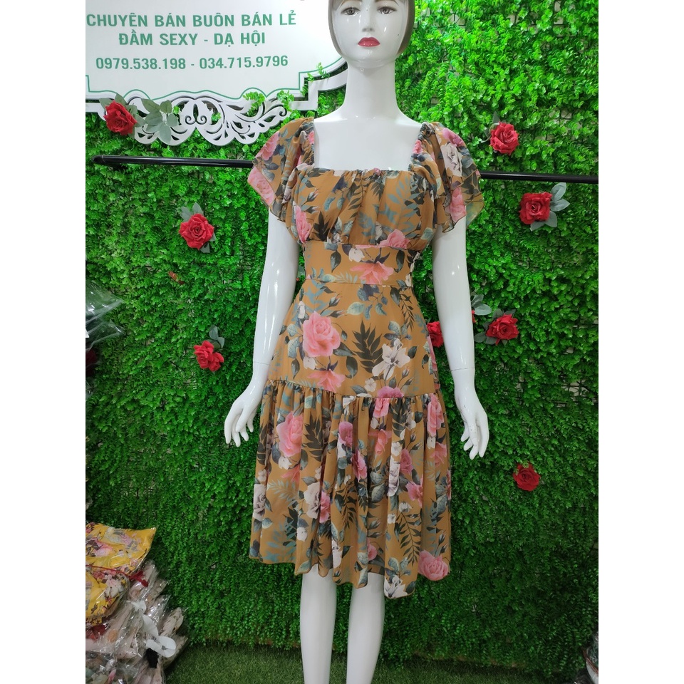 Đầm voan hoa tay cánh tiên xoè 2 tầng, Đầm đi biển đẹp.