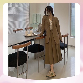 Set áo khoác blazer + chân váy dài xếp ly màu nâu tây ulzzang